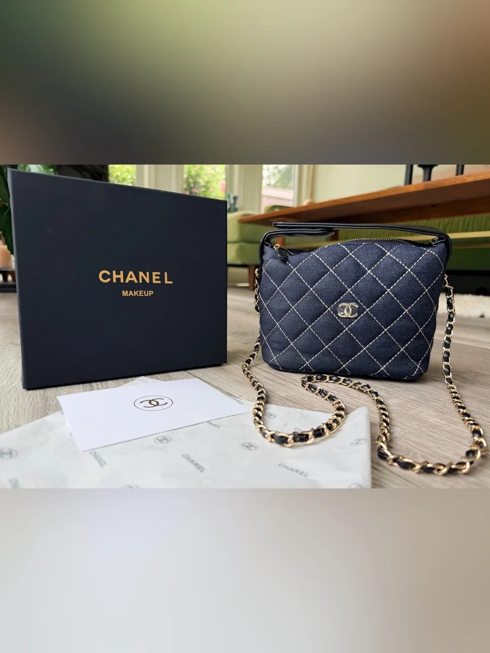 FULL SET NEW Chanel MAKEUP Denim Quilted Hobo Clutch w Chain w Gold Hardware
